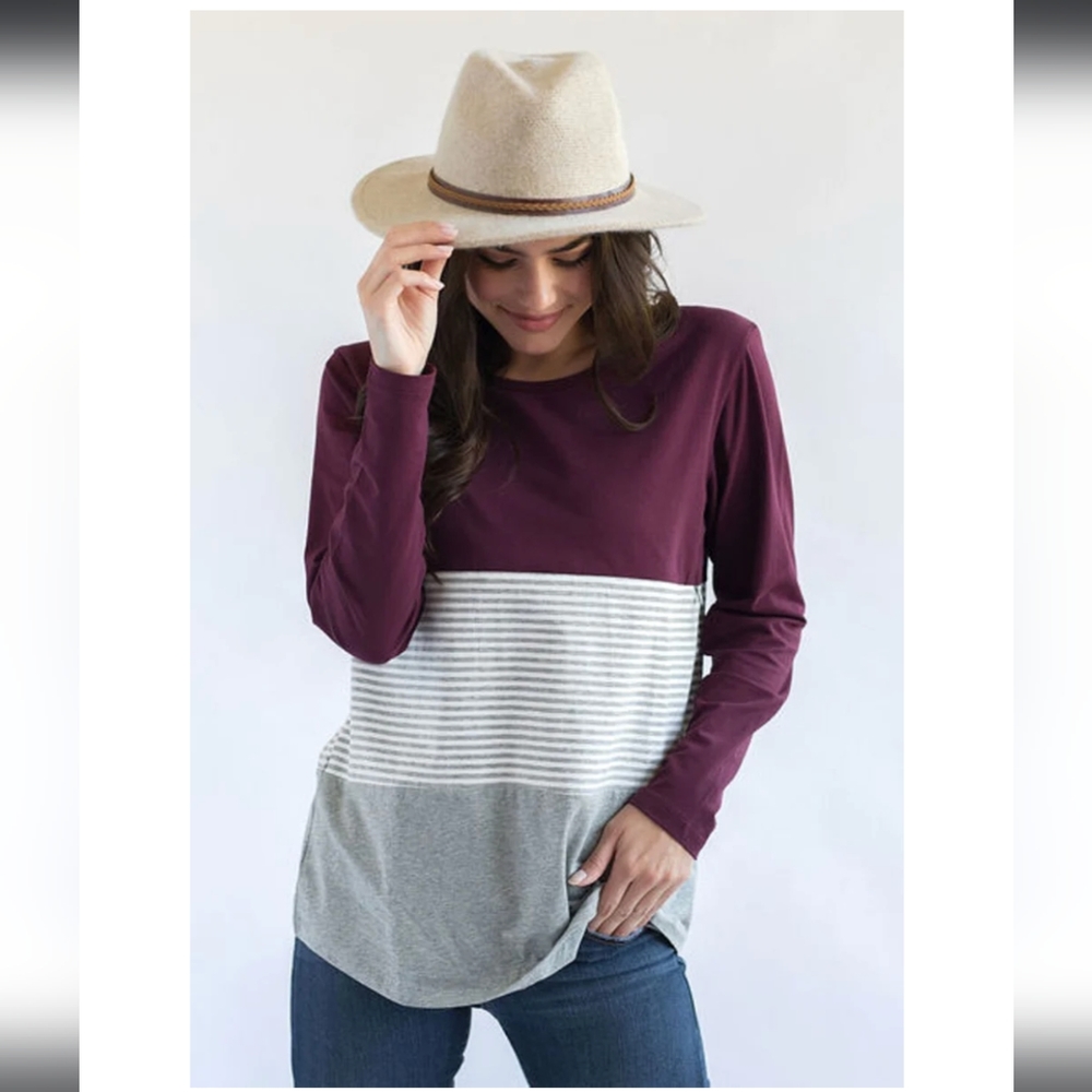 Nursing Queen LONG SLEEVE COTTON NURSING TOP- 3 BLOCK- WINE
